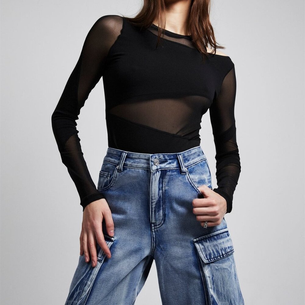 New RTA Saela Top in Black long sleeve mesh sheer cutout asymmetrical shirt